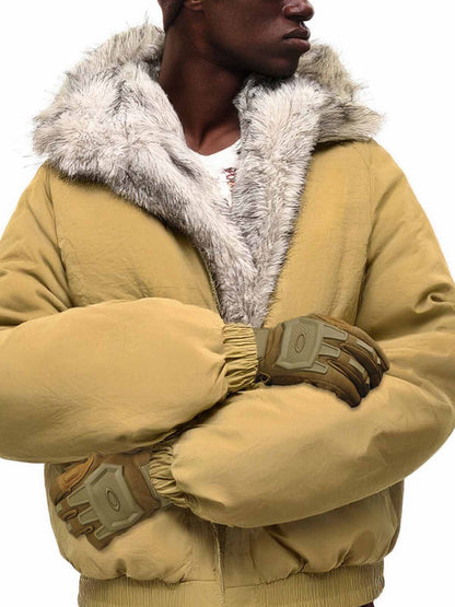 Windproof Padded Jacket with Faux Fur Collar and Hood