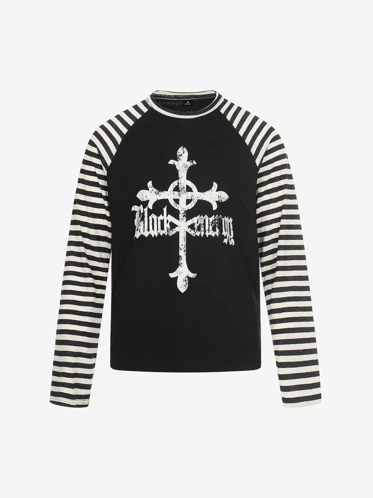 Long Sleeve Raglan T-Shirt with Cross Graphic and Striped Design