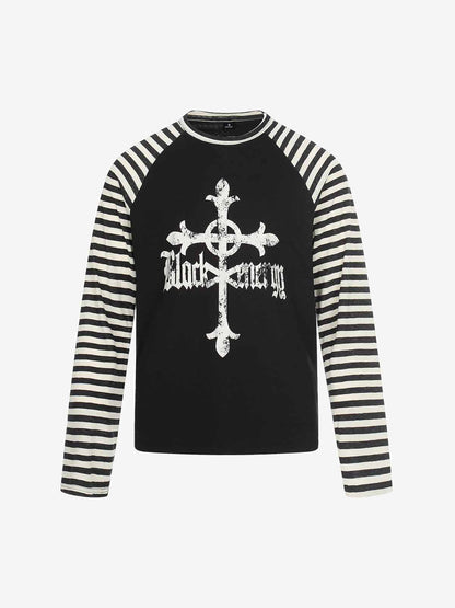 Long Sleeve Raglan T-Shirt with Cross Graphic and Striped Design