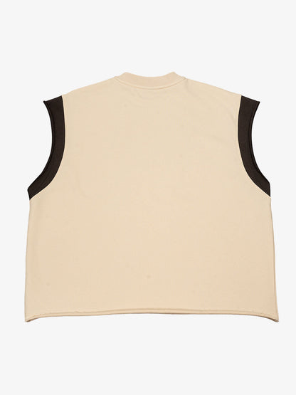 Raw Edge Sleeveless T-Shirt with Graffiti Graphic and Contrast Trim