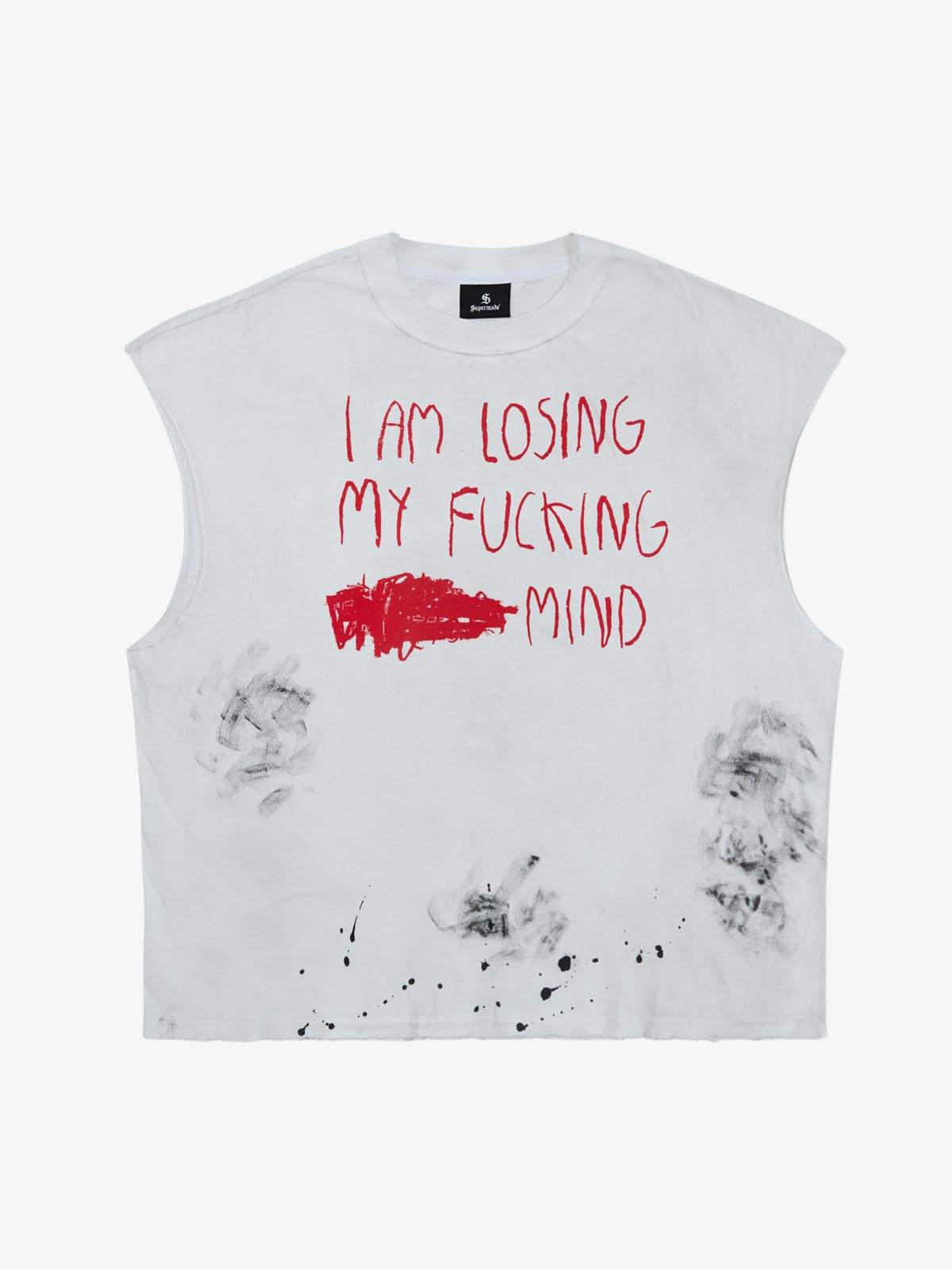 Distressed Raw Hem Sleeveless shirt with Grunge Slogan Print