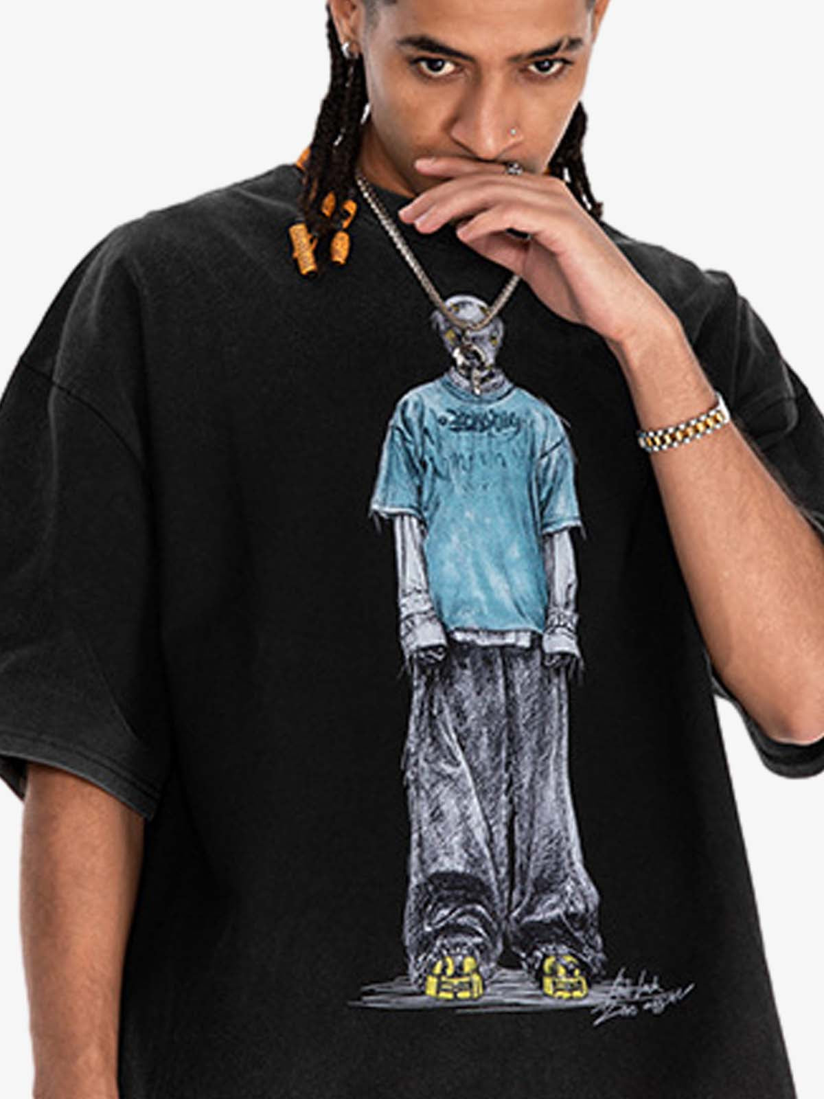 Retro Distressed Skeleton Print Oversized Tee