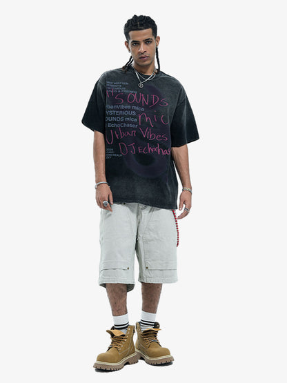 Distressed Graffiti Text Print Tee with Spray Effect