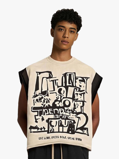 Raw Edge Sleeveless T-Shirt with Graffiti Graphic and Contrast Trim