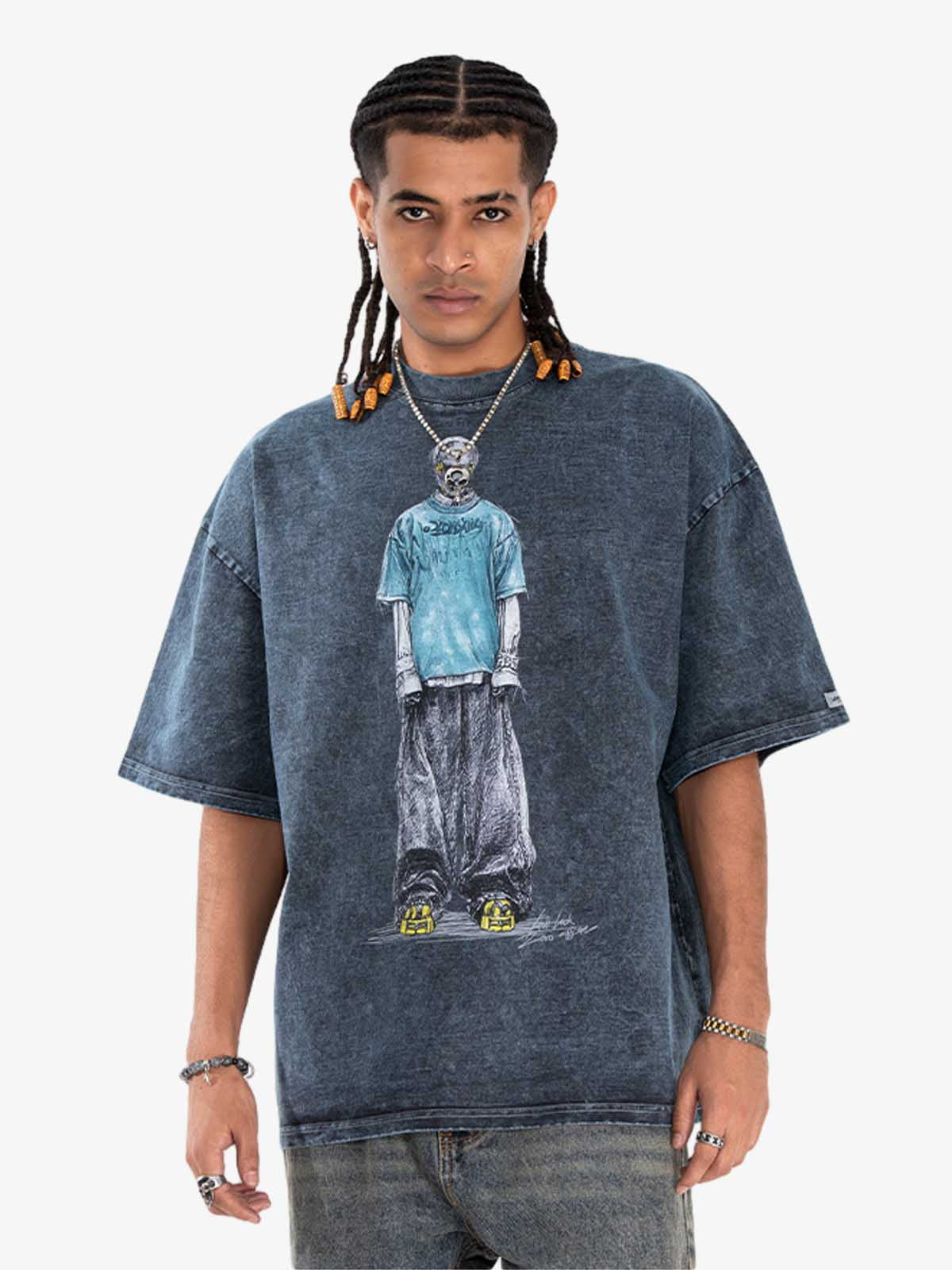 Retro Distressed Skeleton Print Oversized Tee