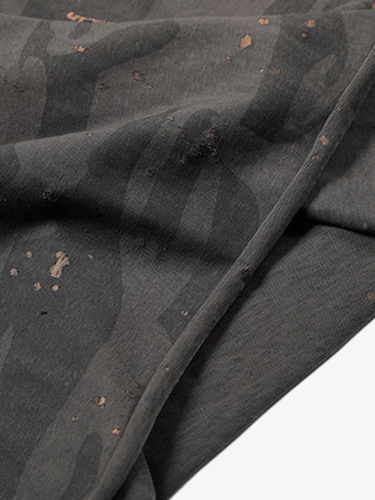 V-Neck Henley T-Shirt with Distressed Camo and Paint Splatter Design