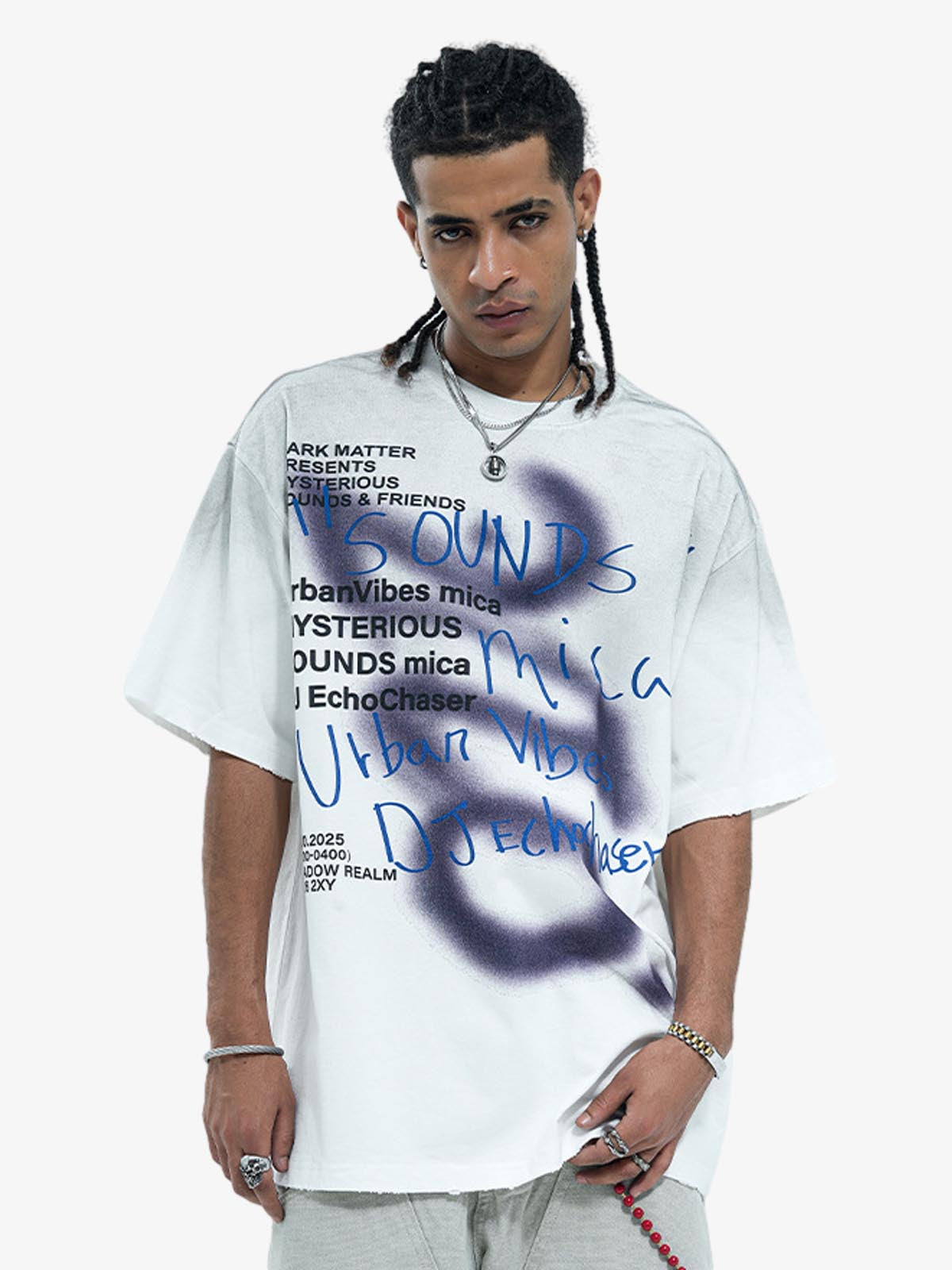 Distressed Graffiti Text Print Tee with Spray Effect