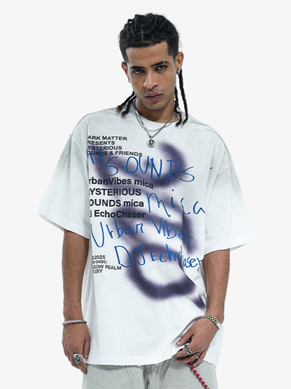 Distressed Graffiti Text Print Tee with Spray Effect