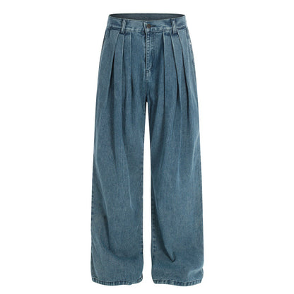 Distressed Wide-Leg Denim Trousers - American High-Street Style with Pleated Stripes