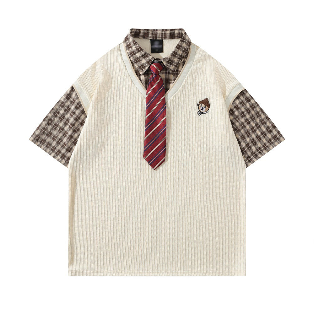 Faux Two-Piece Plaid Pullover Shirt with Tie Collar Overshirt