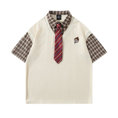 Faux Two-Piece Plaid Pullover Shirt with Tie Collar Overshirt