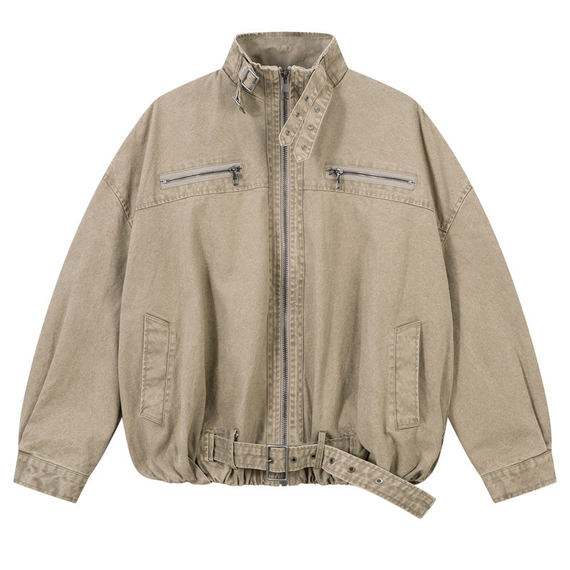 Denim Jacket with Stand-Up Collar in American Street Style