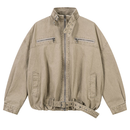 Denim Jacket with Stand-Up Collar in American Street Style