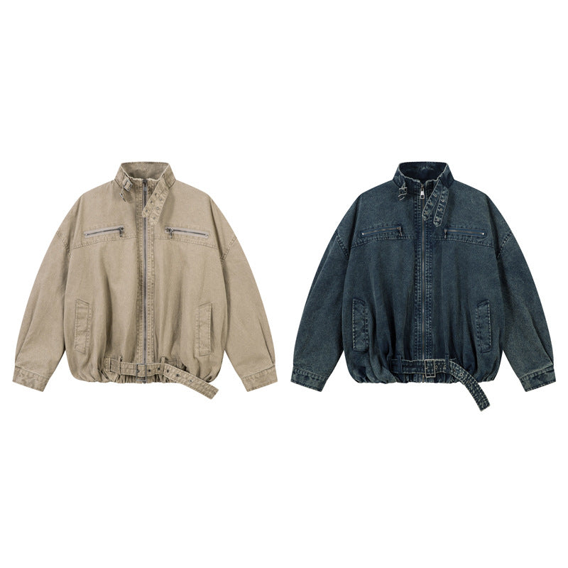 Denim Jacket with Stand-Up Collar in American Street Style