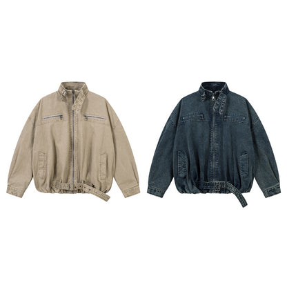 Denim Jacket with Stand-Up Collar in American Street Style