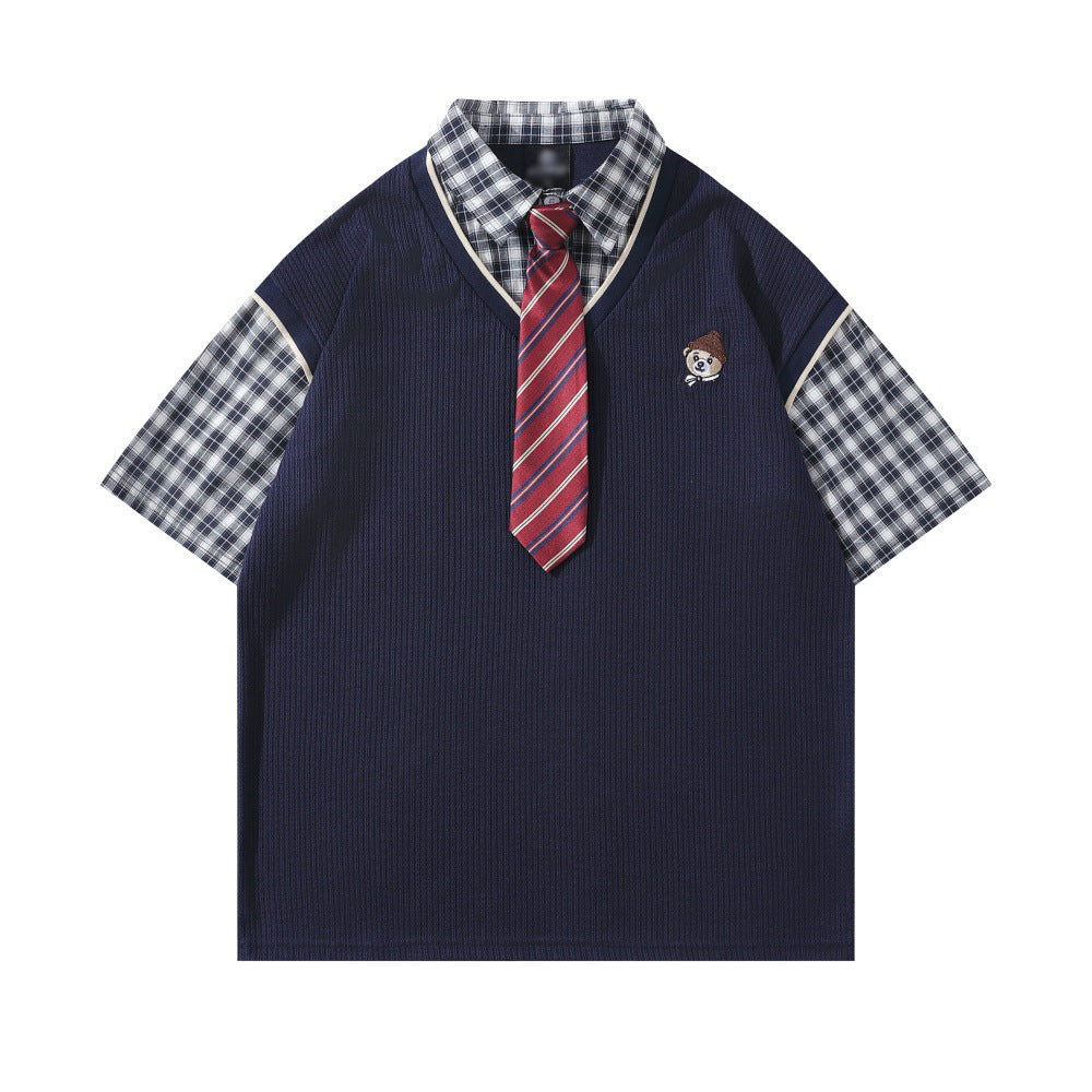 Faux Two-Piece Plaid Pullover Shirt with Tie Collar Overshirt