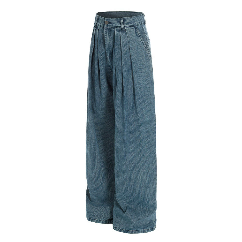 Distressed Wide-Leg Denim Trousers - American High-Street Style with Pleated Stripes