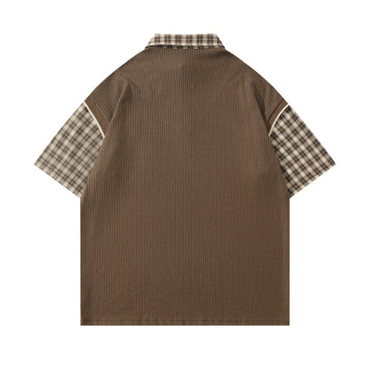 Faux Two-Piece Plaid Pullover Shirt with Tie Collar Overshirt
