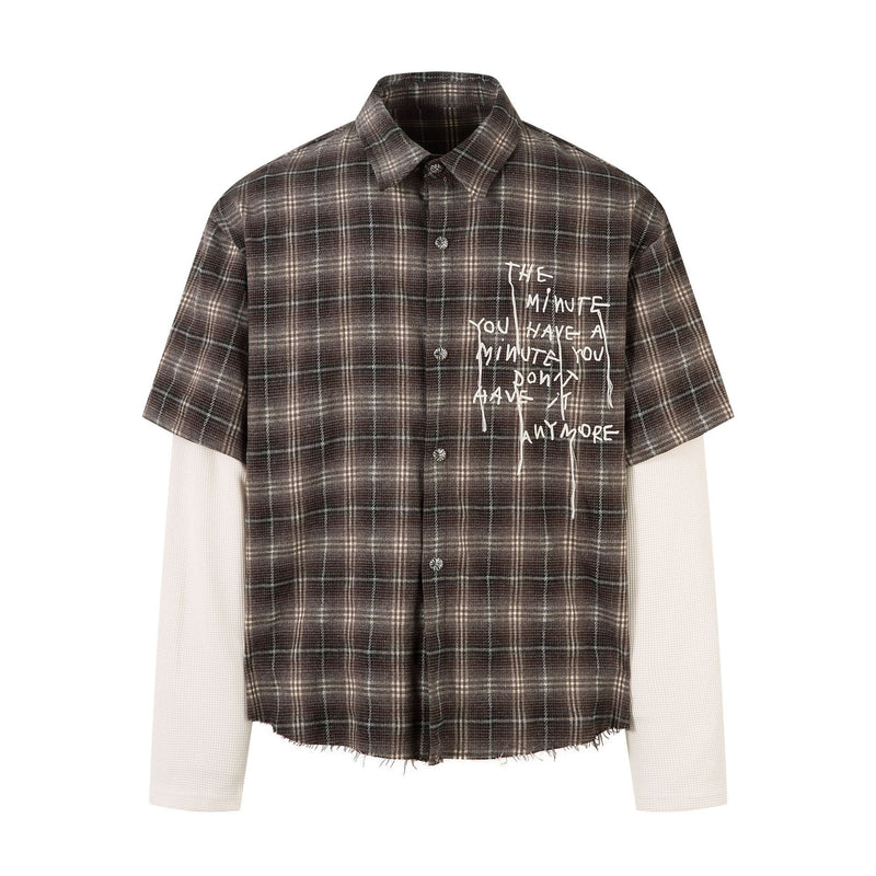 Plaid Letter Embroidered Long-Sleeve Shirt with Faux Two-Piece Design