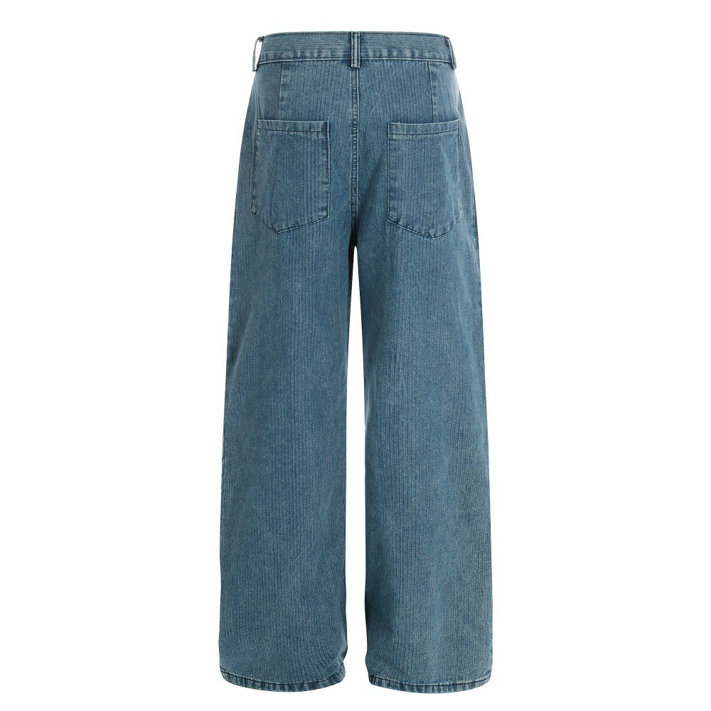 Distressed Wide-Leg Denim Trousers - American High-Street Style with Pleated Stripes