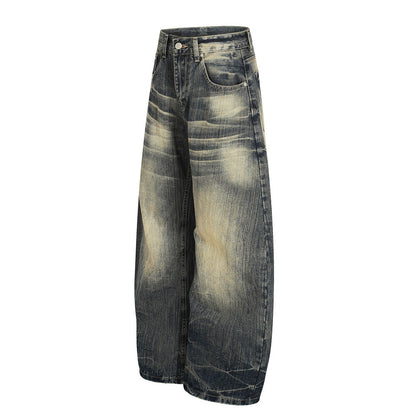 Retro Punk Washed Faded Wide-Leg Distressed Denim Scimitar Pants