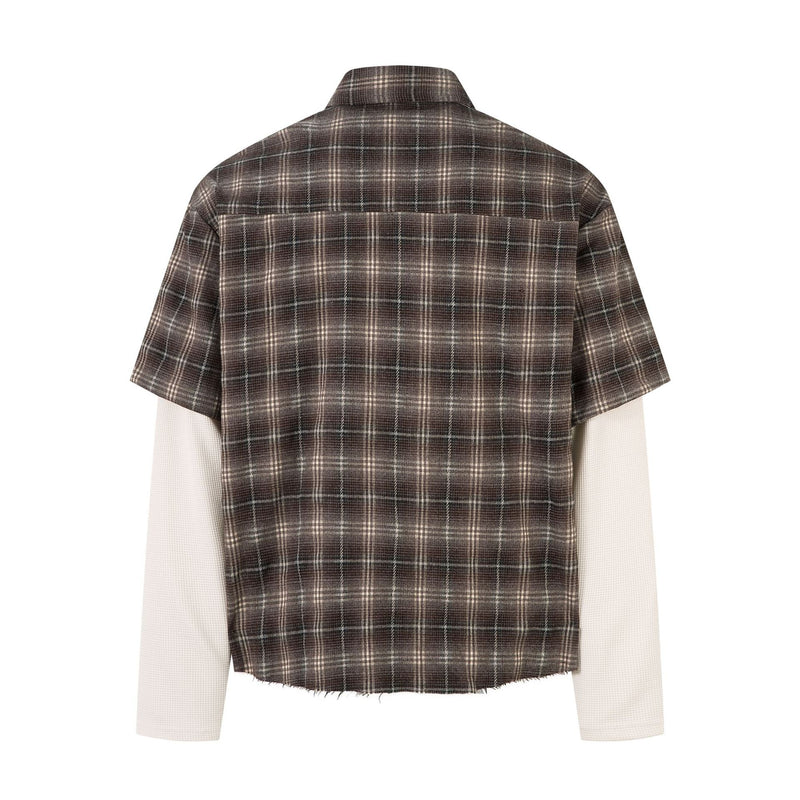 Plaid Letter Embroidered Long-Sleeve Shirt with Faux Two-Piece Design
