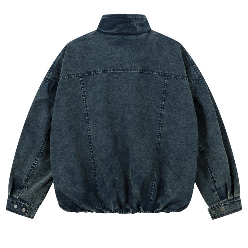 Denim Jacket with Stand-Up Collar in American Street Style