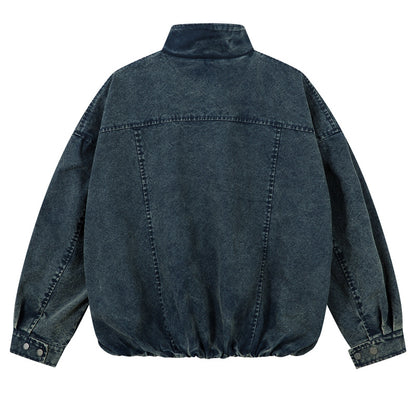 Denim Jacket with Stand-Up Collar in American Street Style