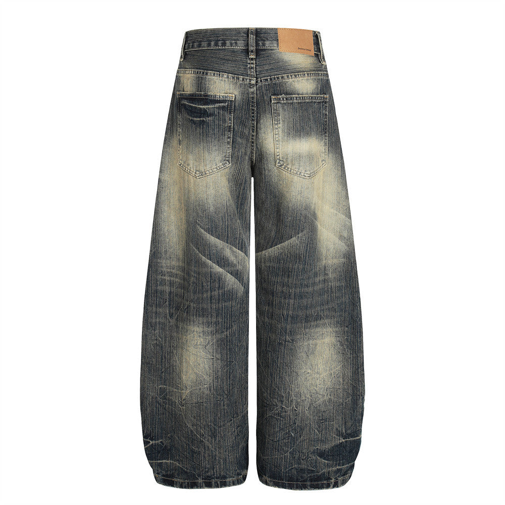 Retro Punk Washed Faded Wide-Leg Distressed Denim Scimitar Pants