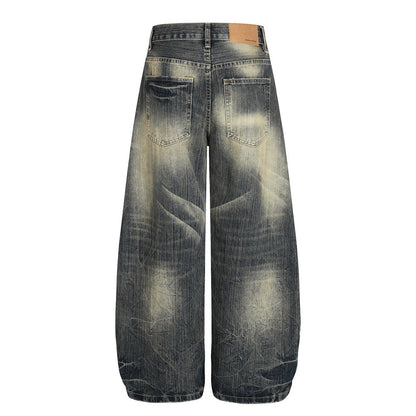 Retro Punk Washed Faded Wide-Leg Distressed Denim Scimitar Pants