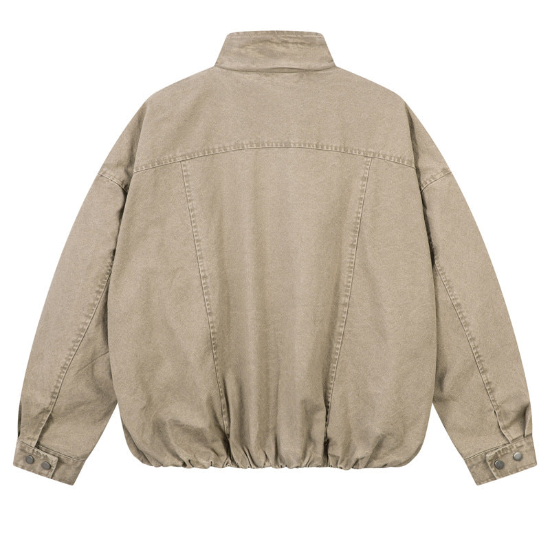 Denim Jacket with Stand-Up Collar in American Street Style