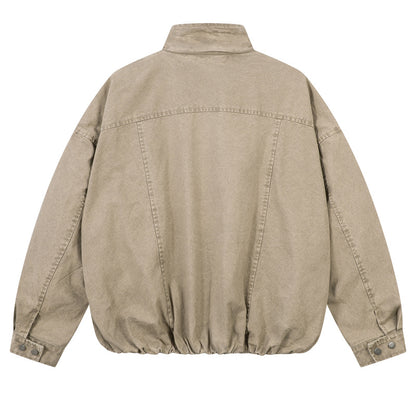 Denim Jacket with Stand-Up Collar in American Street Style