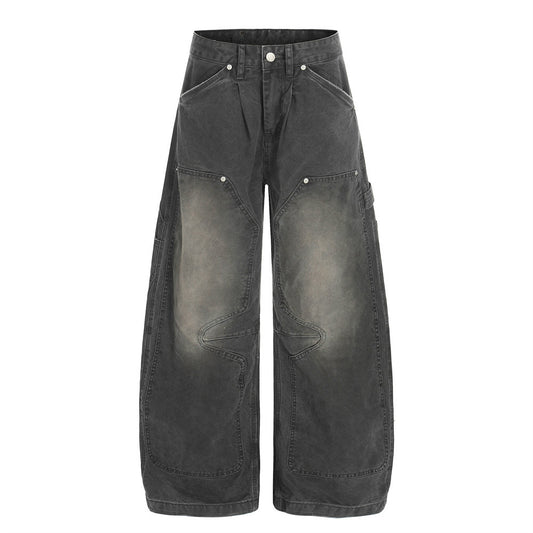 Wasteland-Inspired Distressed Patchwork Wide-Leg Denim Trousers