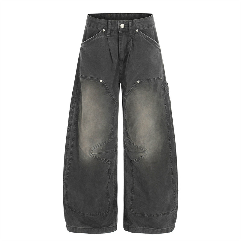 Wasteland-Inspired Distressed Patchwork Wide-Leg Denim Trousers