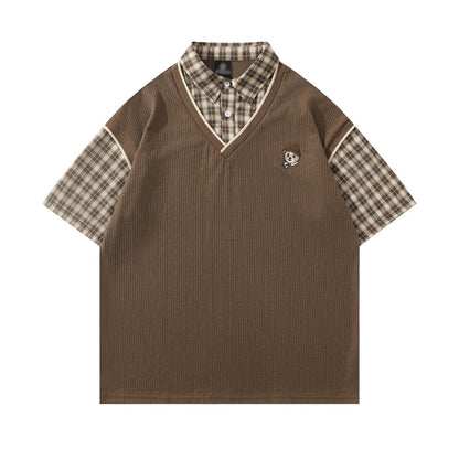 Faux Two-Piece Plaid Pullover Shirt with Tie Collar Overshirt