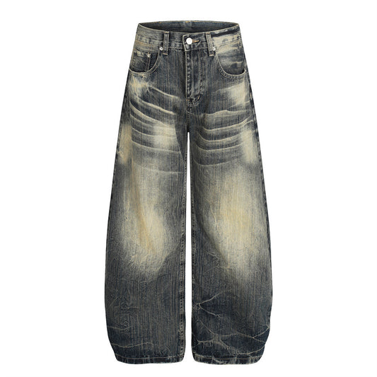 Retro Punk Washed Faded Wide-Leg Distressed Denim Scimitar Pants