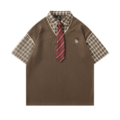 Faux Two-Piece Plaid Pullover Shirt with Tie Collar Overshirt
