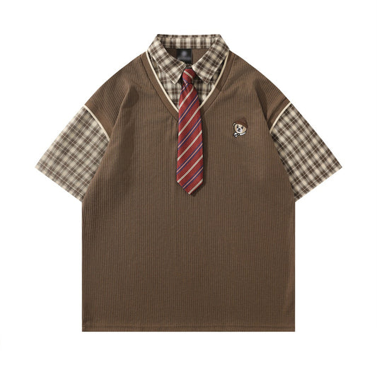 Faux Two-Piece Plaid Pullover Shirt with Tie Collar Overshirt