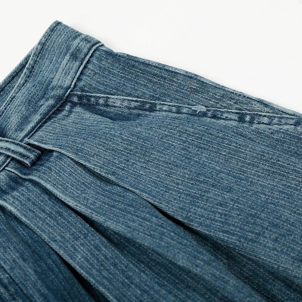 Distressed Wide-Leg Denim Trousers - American High-Street Style with Pleated Stripes