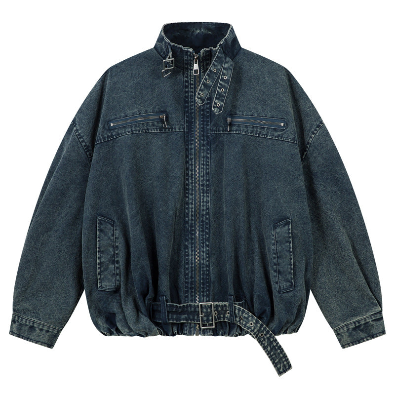 Denim Jacket with Stand-Up Collar in American Street Style