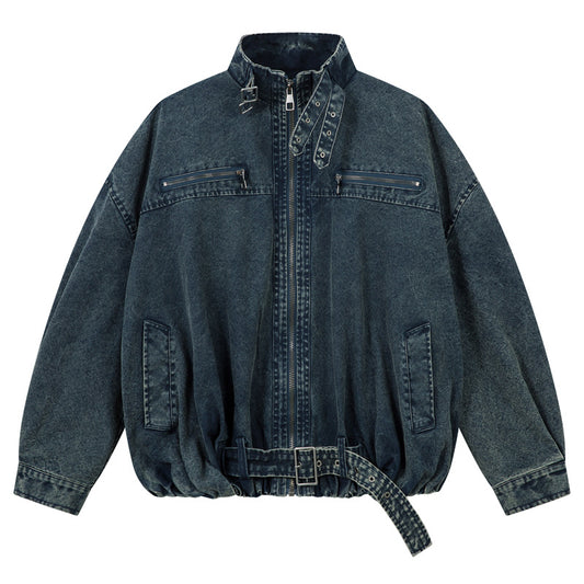 Denim Jacket with Stand-Up Collar in American Street Style