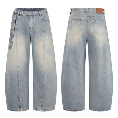 Washed Straight-Leg Northern Faded Jeans with Ribbon Details