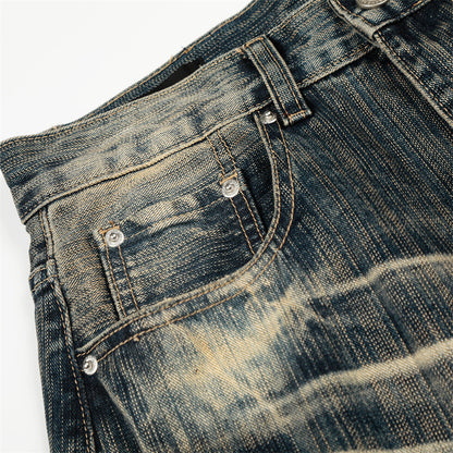 Retro Punk Washed Faded Wide-Leg Distressed Denim Scimitar Pants