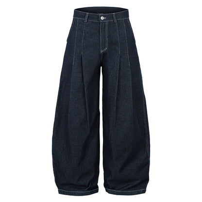 Deep Blue Pleated Wide-Leg