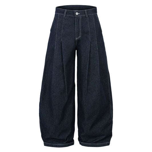 Deep Blue Pleated Wide-Leg