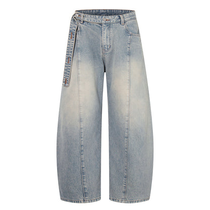Washed Straight-Leg Northern Faded Jeans with Ribbon Details