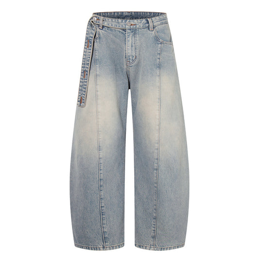 Washed Straight-Leg Northern Faded Jeans with Ribbon Details