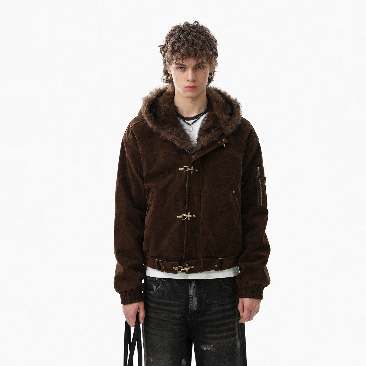 Cotton Hooded Jacket with Fur Trim