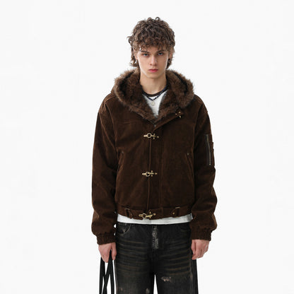 Cotton Hooded Jacket with Fur Trim
