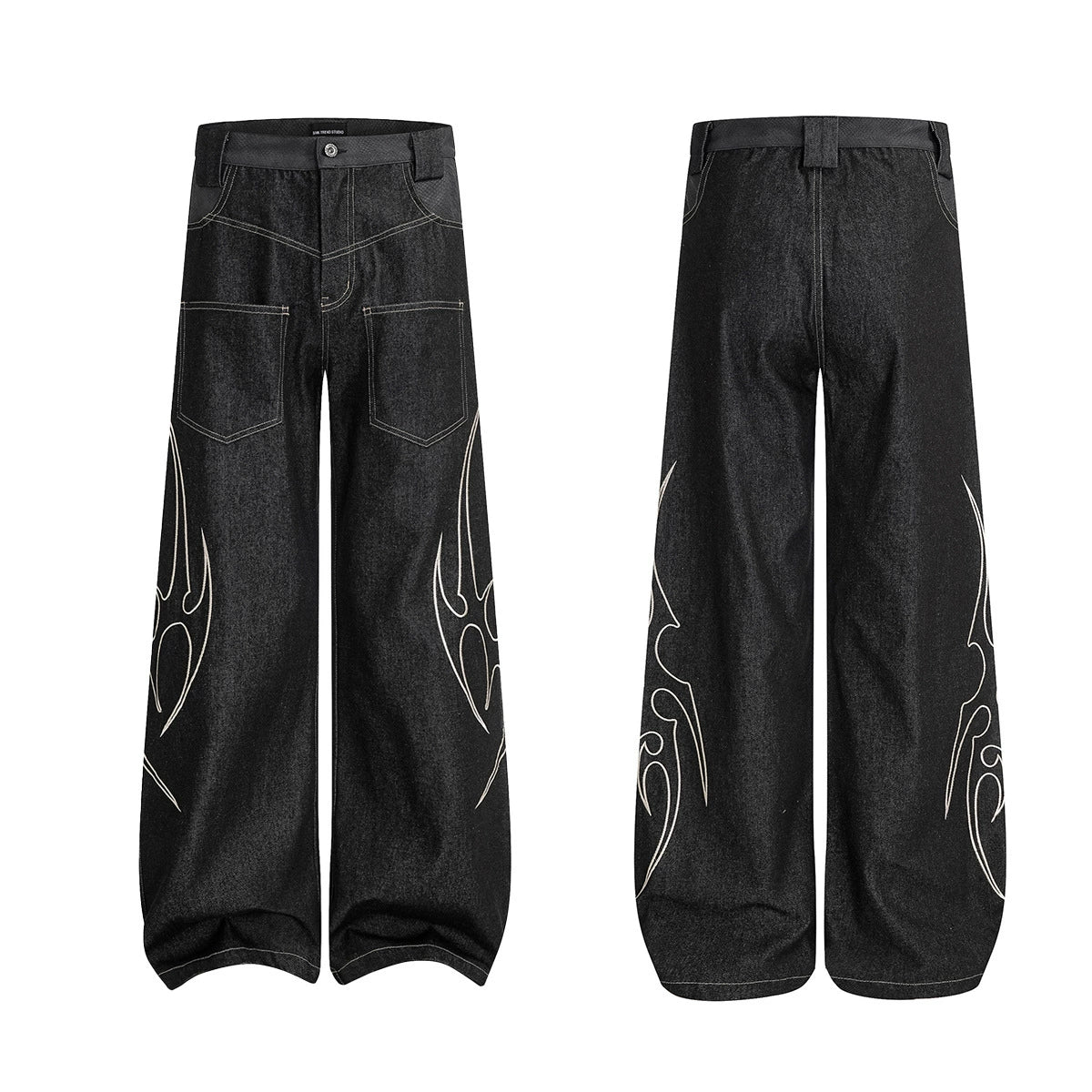 Flame Embroidered Wide-Leg